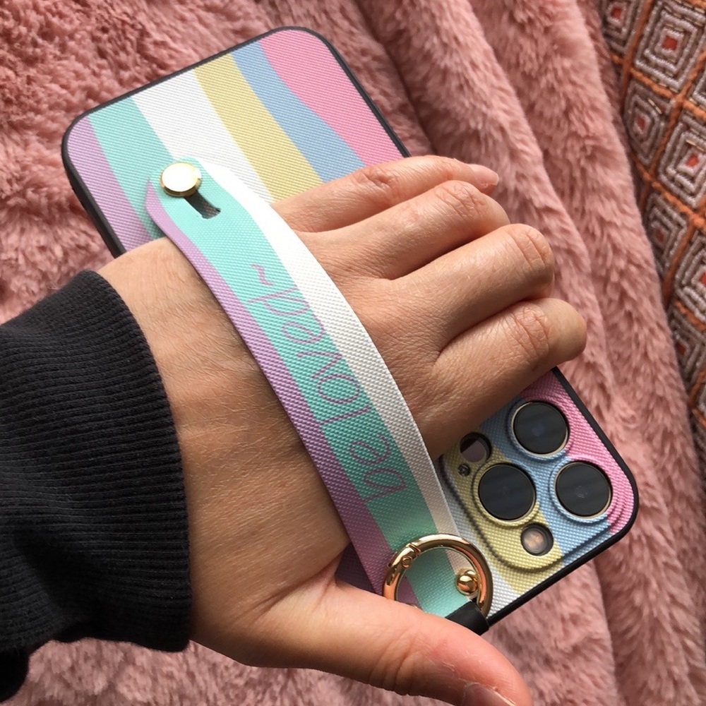 For iPhone 13 PRO,13 PRO MAX phone case with wrist strap kickstand keychain ring